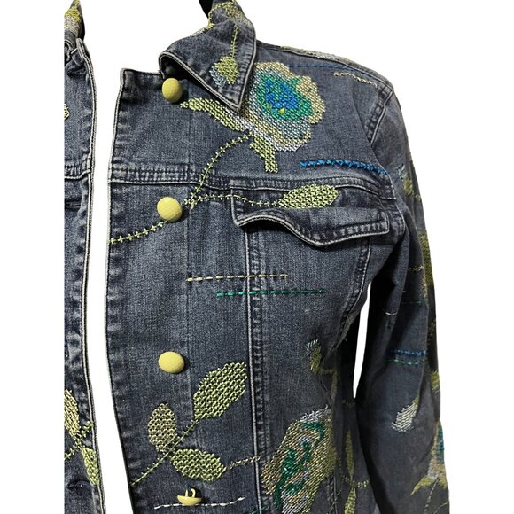 Ann Trinity Embroidered Denim Jacket Sz Small Womens Floral Blue & Green Sequin - Picture 6 of 9